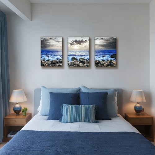 SERIMINO Beach Wall Art Set, Blue Coastal Landscape Wall Decor, Modern Ocean Paintings Art Prints Home Office Decoration, Seaside Canvas Pictures for Living Room Bedroom Bathroom 3 Pieces 16"X24"