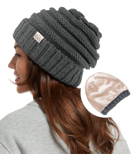 Hat Hut Berretto Invernale da Donna con Fodera in Raso Seta, Cappello Invernale per Capelli, Caldo Slouchy Beanie, Morbido Berretto Lavorato a Maglia (IT, Testo, Taglia Unica, Grigio Scuro)