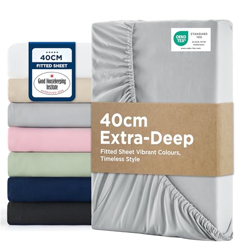 Bedsure - Bedsure Double Fitted Sheet Deep - Bed Sheets Extra Deep Pocket 16 inch (40 cm) made of Soft Brushed Microfiber for Double Bed, Grey, 135x190cm - -31%