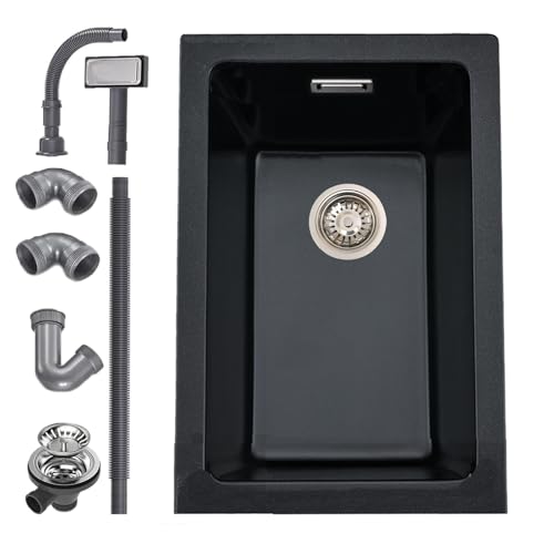 iAnomla Fregadero Cocina Negro, 30 X 40 cm, Fregadero Bajo Encimera de Granito de Una Cubeta, Para Empotrar O Bajo Encimera, Con Rebosadero Y Desagüe, Apto Para Estaciones de Trabajo Y Barra