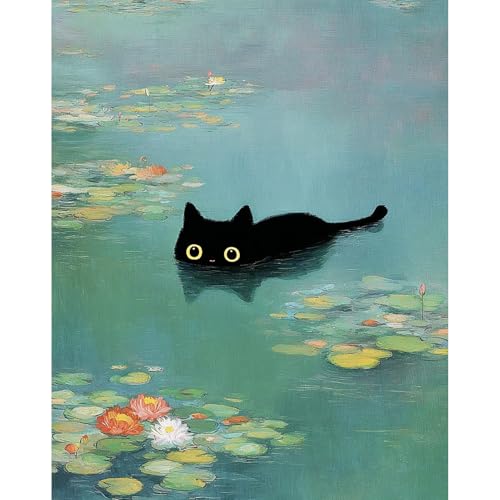 Pintura Acrilica por Números para Adultos y Principiantes, Gato negro gracioso, Acuarela Painting by Number Kit con 3 Pinceles, Estanque de nenúfares, decoración para el hogar 40x50cm Sin Marco
