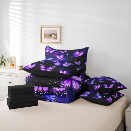 Image of Erosebridal Purple Butterflies 7 Pieces Bedding Set King,Starry Sky Galaxy Bed in a Bag,Dreamy Butterfly Bed Set Includes Comforter,Sheet Set,Pillowcases & Pillow Covers,Neon Wildlife Bedroom Decor