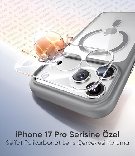 Minesk iPhone 17 Pro için Özel Geliştirilmiş Kamera Çerçevesini de Koruyan, Arkası Şeffaf Polikarbonat Kenarları Silikon Magsafe ile Uyumlu Kılıf Akıllı Tasarım Kapak (Gri, 17 Pro) - Görsel 3