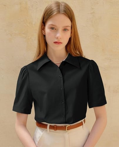 Button Down Shirts for Women Puff Short Sleeve Button Up Dress Shirts Collared Fitted Blouse Work Business Top4