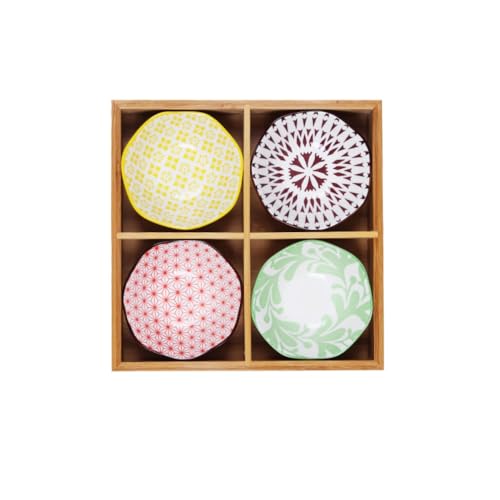 【Pakabi】お皿 小皿セット和風 小皿 竹トレイ 、9点セット小鉢 醤油皿 前菜皿 盛り鉢 和食器 、火鍋 焼肉屋 寿司屋 (4パネルグリッド + (E))