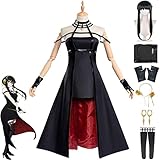 FIOOHG Spy Family Yor Forger Cosplay Kostüm Outfit Full Set Schwarzes Kleid Uniform Anzug Halloween Party Anime Kimono Dress Up mit Perücke für Damen Mädchen