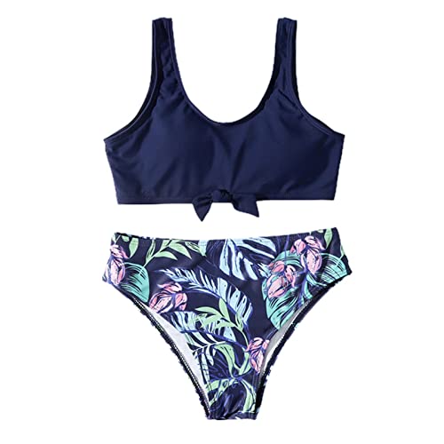 Girls Swimsuits Bikini Set Two Piece Bathing Suit Girls' Solid Swimwear Bra with Chest Pad + Plant Print Briefs