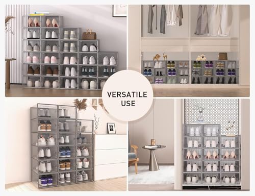 Image of Kuject X-Large Shoe Storage Boxes Organizers Clear Plastic Stackable 12 Pack, Shoe Rack & Holder Substitute, Sneaker Containers, Toy Storage Organizer Bins for Entryway, Closet, Under Bed, Grey