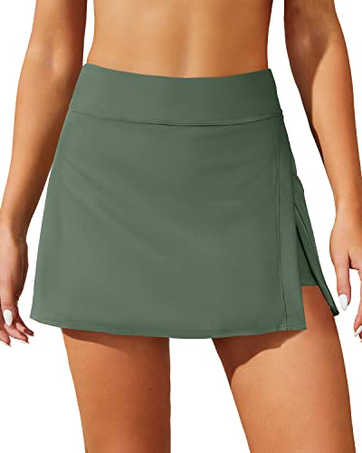 Image of High Waisted Split Swim Skirt Built-in Shorts Tummy Control Swim Bottom | Wide Flattening Band, Versatile Top Pairing, Full rear modesty via long hem