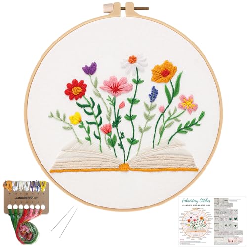 Image of Louise Maelys Book & Flowers Embroidery Kit for Beginners Decor Craft Gift | Needlepoint Kit with Pre-Printed Fabric, Hoop, Needles, Color Threads & Detailed Guide, DIY Cross Stitch Kits for Women
