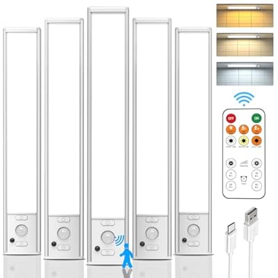 Under Cabinet Lights with Remote Control, USB Rechargeable Battery 180 Lumen Motion Sensor Indoor Light,5 Pack Wireless Under Counter Light,3 Color Dimmable Closet Lighting for Kitchen,Stairs,Wardrobe