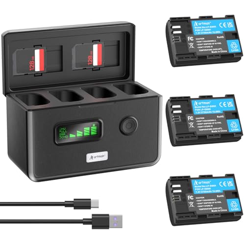 Artman LP-E6NH Battery 3-Pack 2750mAh and 4-Slot LCD Charger for Canon EOS R R5 R6 R7 R5 Mark II R6 Mark II 5D Mark II III IV 5D SR 6D Mark II 7D Mark II 6D 7D 90D 80D 70D 60D DA XC10 XC15 Cameras