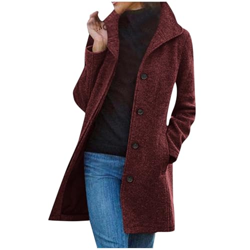 Generisch Damen Wollmantel Lang Trenchcoat Reverskragen Wintermantel Elegant Übergangsmantel Einfarbige Winterjacke Knöpfe Cardigan Mantel Warme Wolljacke mit Tasche...