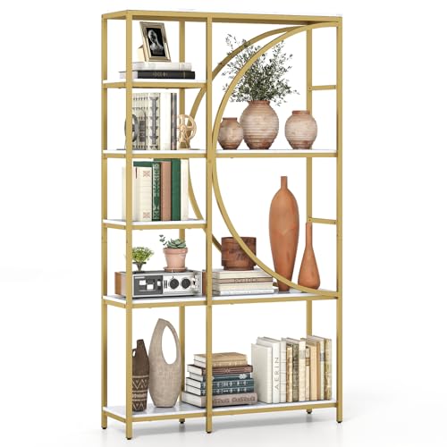 HOMASIS Librería Madera, Marco Metálico, Estante de Pared con Estanterías Abiertas, Mueble de Almacenamiento para Sala de Estar, Oficina, 86 x 30 x 175 cm (Dorado y Blanco)
