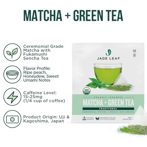 Jade Leaf Matcha Organic Matcha + Green Tea Bags - Traditional - Ceremonial Matcha + Whole Leaf Sencha - Authentic Japanese Origin (35 Pyramid Sachets)