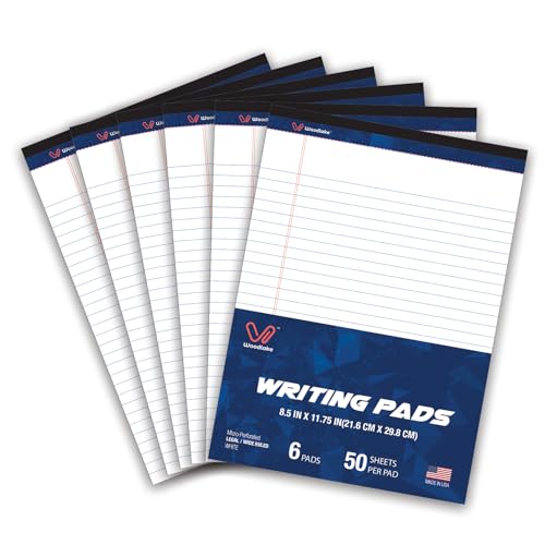 Woodlake Legal Pads 8.5 x 11, 6 Pack, Wide Ruled, Premium White Paper Pad No Ink Bleed, Micro‑Perforated, Sturdy Chipboard Back, 50 Sheets/Pad,for School, Office & Home, Made in USA