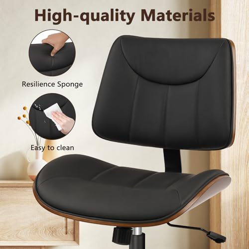 Image of CLATINA Office Chair Armless with Wheels, Mid-Century Modern Walnut Desk Chair, Adjustable Height Reading Chair, PU Leather Mid Back & Swivel Computer Chairs for Home Meeting Room Bedroom, Black(1 PK)