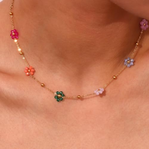 Cute Flower Beaded Ball Choker Necklace Stainless Steel Colorful Acystal Bead Daisy Flowers Adjustable Necklaces Fashion 18k Goldtone Plated Jewelry Gifts for Women Chain 15"+2"3