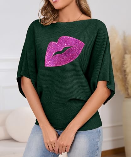 Image of PESION Women's Oversized Off The Shoulder Sweaters Loose Dolman Short Sleeves Chunky Knit Pullover Jumper Tops, Green+ Pink Lip
