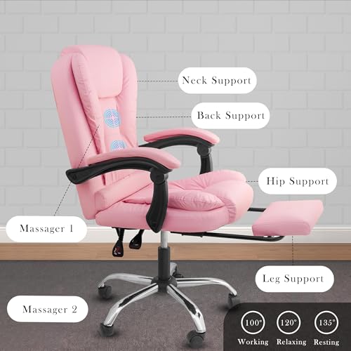 Image of Casa Copenhagen Italia Leatherette Office Chair for Work | Boss Chair, Luxurious Cushioned Arms & Seat, 2 Point Back Massager, Adjustable Leg Rest, Heavy Duty Metal Base (Pink)