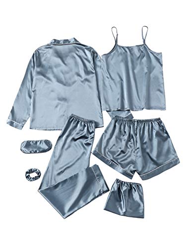 Shein Women's 7Pcs Satin Pajama Set Cami Pjs With Shirt And Eye Mask Pale Blue Small #TOP11