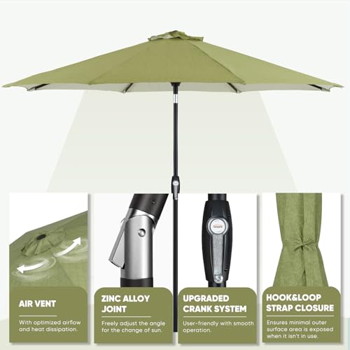 Image of Tempera 9ft Patio Market Outdoor Table Umbrella with Auto Tilt and Crank, Large Sun Umbrella with Sturdy Pole & Fade Resistant Canopy, Easy to Set, Grass