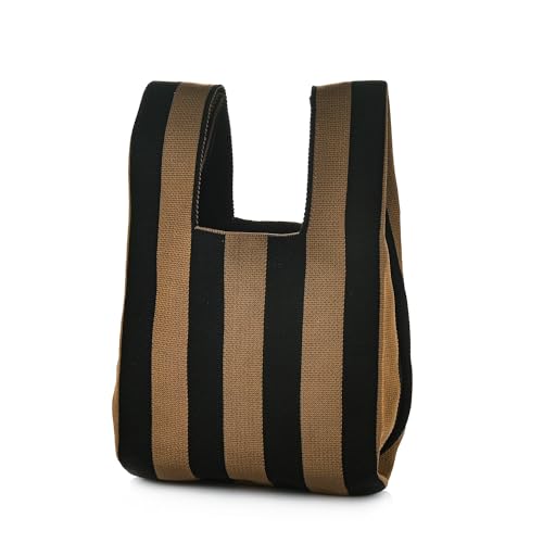 Image of Women Knitted Hobo Purse Stripes Crocheted Colorblock Knot Light Wristlet Tope-hanle Handbag For Shopping Work School