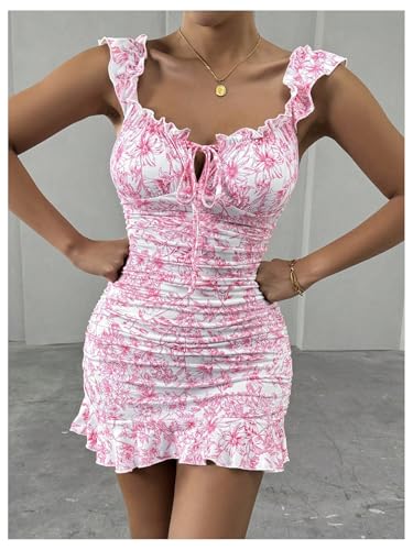 Image of Floerns Women's Floral Print Off Shoulder Milkmaid Dress Ruched Ruffle Hem Bodycon Mini Dress