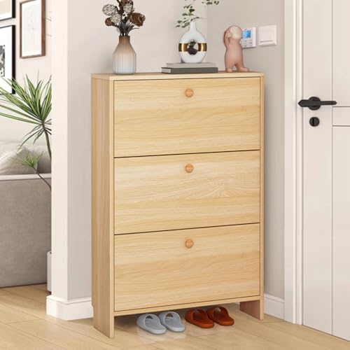 Étagère à chaussures verticale étroite marron avec 3 tiroirs rabattables en bois