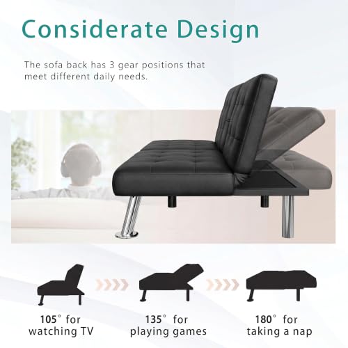 Image of Flamaker Futon Sofa Bed, Black Faux Leather Convertible Loveseat Couch