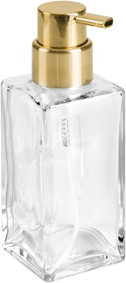 mDesign Modern Square Glass Refillable Foaming Hand Soap Dispenser Pump Bottle for Bathroom Vanities or Kitchen Sink, Countertops - Clear/Soft Brass