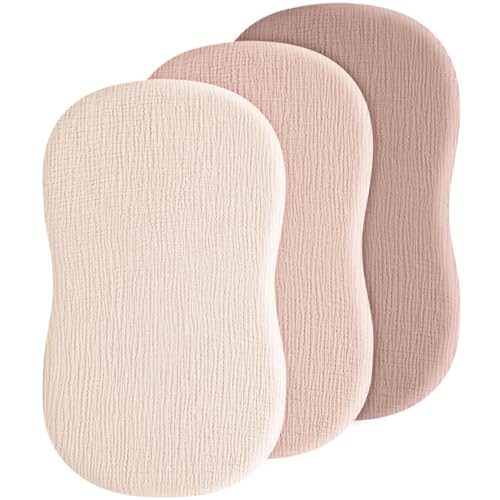Image of Baby Muslin Bassinet Sheets 3 Pack for Boys & Girls, Soft Breathable Cotton Bassinet Mattress Cover, Universal Fit for Hourglass, Oval, and Rectangle Mattress(Pink)
