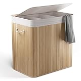 NewHabitat Bambus Wäschekorb 3 Fächer – 170L Wäschesammler mit Deckel & herausnehmbarem Sack – Wäschetrennung, Tragegriffe, stabil & dekorativ für Bad & Schlafzimmer (Bambus)