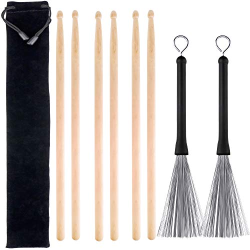 Augshy 3 Pairs 5A Hard Maple Wood Drum Sticks & 1 Pair Retractable Drum Wire Brushes with Storage Bag - Jazz, Folk, Rock Band Drummers & Beginners