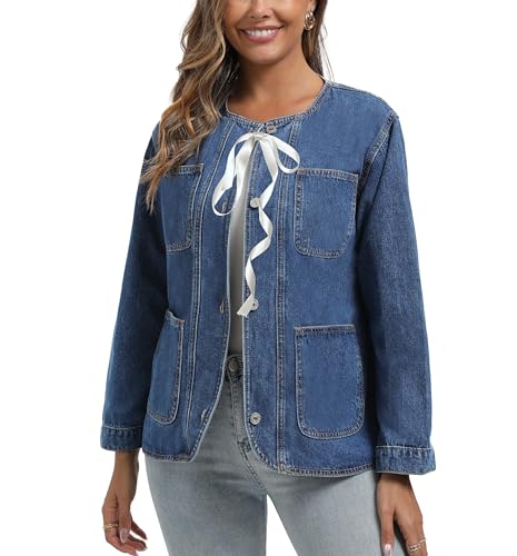 Ladyful Womens Collarless Denim Jacket Trendy Long Sleeve Jean Jacket Casual Button Down Denim Shacket2