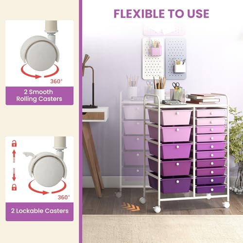 Image of LDAILY 15 Drawer Rolling Storage Cart, Rolling Cart with Drawers for Classroom, Art Supply Craft Organizer on Wheel with Metal Frame & Handles for Home Office School