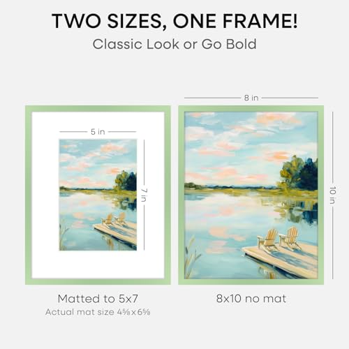 Image of Homeforia 8x10 Picture Frame Sage Green, High End Metal 8 x 10 Poster Frames with Mat 5 by 7 Art, 10x8 Thin Frame Matted to 7x5 Photo, 8by10 Wall or Tabletop Frames, Tempered Glass, Wall Kit, Set of 2