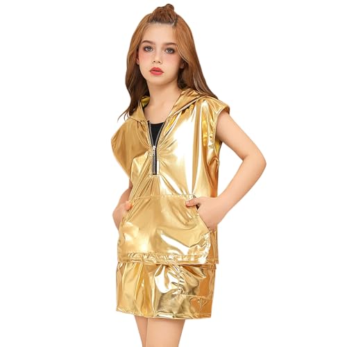 Perfashion Girls Vest Metallic Half Zip Hoodie Sleeveless Leather Disco Jackets with Kangaroo Pocket 4-13Y
