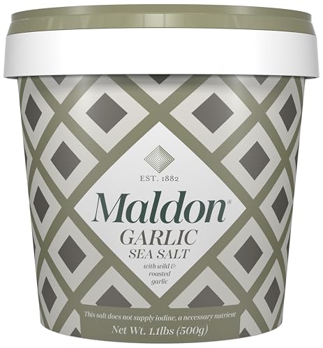 Image of Maldon Garlic Sea Salt, With Wild and Roasted Garlic, Perfect for a Wide Range of Dishes, Fantastic Burst of Flavor, Pyramid-Shaped Flakes 1.1lb Tub