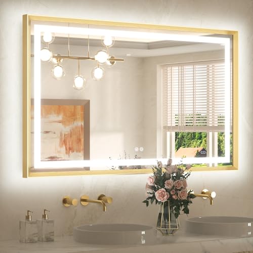 TETOTE 48 x 30 Bathroom Mirror Brushed Gold Metal Frame Frontlit & Backlit Vanity Mirror 3 Colors White/Warm/Natural Stepless Dimmable Anti-Fog Bathroom Mirrors for Vanity Wall-Mounted
