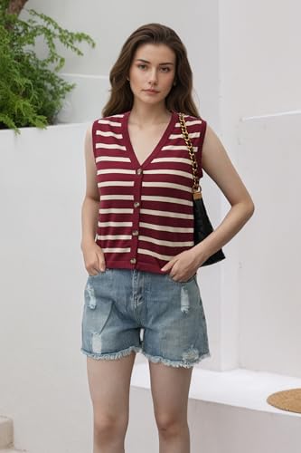 Image of Women's Striped Sweater Vest V-Neck, Fall 2025 Lightweight Cotton 100%, Vintage Button Cardigan Style Layering Staple for Turtlenecks & Jeans 18 Red L