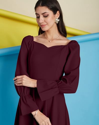 Image of SIRIL Women's Full Sleeve Polyester Solid Fit & Flare Dress, One Piece Dress for Women
