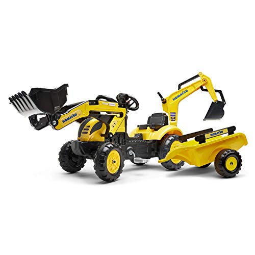 FALK - Tractopelle Komatsu avec excavatrice et remorque - Dès 2 ans - Fabriqué en France - pelle frontale et excatrice articulées - Plaque d'immatriculation personnalisable - 2076N