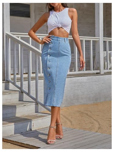 WDIRARA Women's Asymmetrical Denim Midi Skirt Button Down High Waisted Jean Skirt4