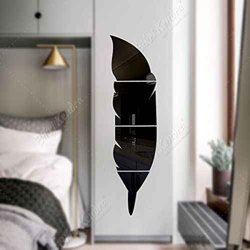 Image of Bikri Kendra - Plume Solid Feather Black Mirror Stickers for Wall, Wall Mirror Stickers, 3D Acrylic Stickers, Wall Stickers for Hall Room, Living Room Bed Room, Kitchen (BlackSolid)