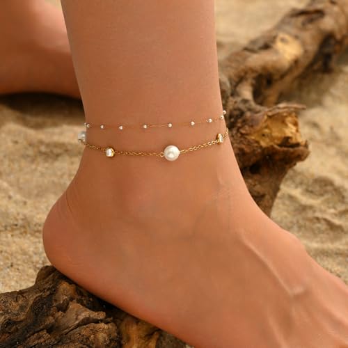 Image of NONAMOIS 18K Gold Plated Diamond Ankle Bracelets for Women Waterproof Gold CZ Pearl Bow Link Chain Anklets Non Tarnish Summer Beach Foot Jewelry Gifts