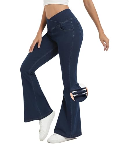 Bell Bottom Jeans for Women High Waisted Stretchy Flare Jeans with Pockets Trendy Crossover Pull On Flare Jeggings