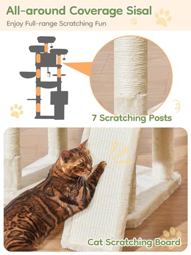 Image of Taoqimiao 76-Inch Cat Tree with Scratching Posts,XXL Cat Tower for Large Cats with Cat Scratching Board,Extra-Large Metal Hammock,3 Perches, 2 Big Condos, Hanging Basket, MS047M, Beige