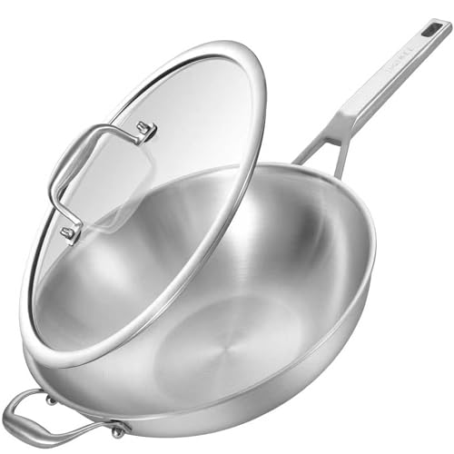 Inqibee 13 Inch Stainless Steel Wok Pan with Lid Detachable Handle