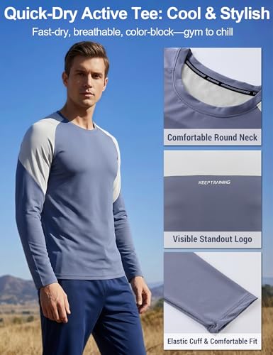 Image of Venzina Men's Long Sleeve Workout Shirt Color Block Quick Dry Athletic Top, Moisture Wicking Fitness & Running Shirt, Breathable Sportswear Tee for Gym, Sports, Casual Wear